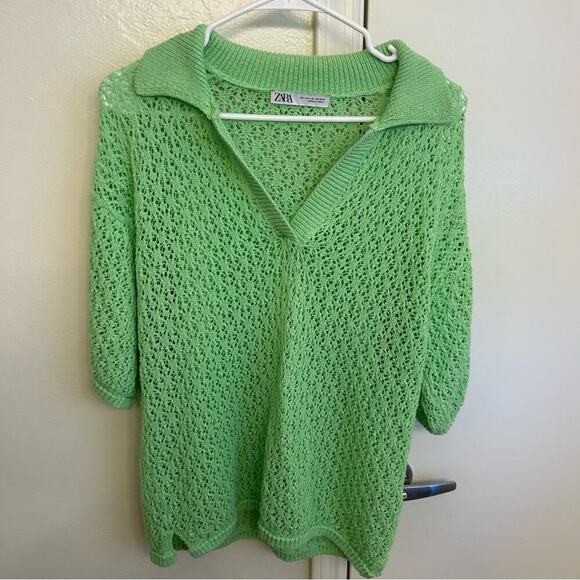 Zara Women’s Green Knit Collared Sweater Top Size L - Picture 3 of 8